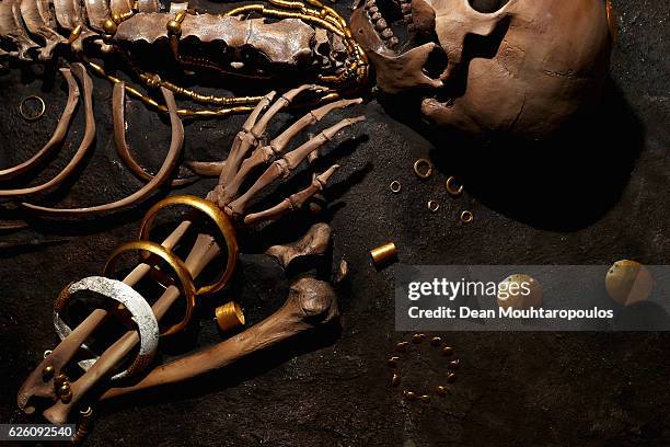 Recreation of the skeleton discovered in Grave No. 43 in the Varna Chalcolithic Necropolis together with the numerous gold artefacts dating to the...