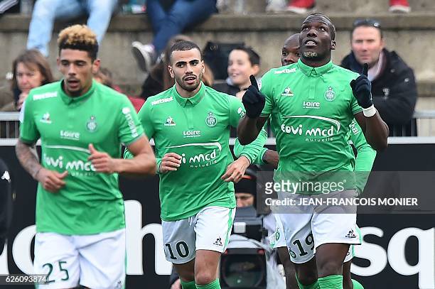 Saint-Etienne's Guinean defender Florentin Pogba celebrates after scoring a goal during the French Ligue 1 football match between Angers and Saint...