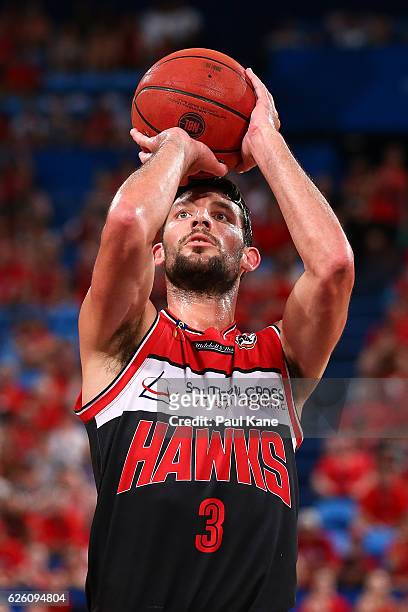 Kevin White of the Hawks shoots a free throw during the round eight NBL match between the Perth Wildcats and the Illawarra Hawks at the Perth Arena...