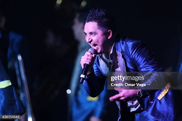 José Isidro Beltrán Cuen performs during a concert of La Arrolladora Banda el Limon as part of the tour USA 2016 at Farwest on November 25, 2016 in...