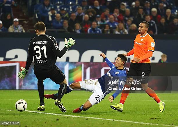 Alessandro Schoepf of Schalke 04 scores a goal past Michael Esser of SV Darmstadt 98 during the Bundesliga match between FC Schalke 04 and SV...