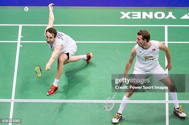 Mathias Boe and Carsten Mogensen of Denmark competes against Takeshi Kamura and Keigo Sonoda of Japan during their Men's Doubles Final of...