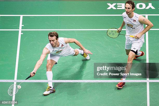 Mathias Boe and Carsten Mogensen of Denmark competes against Takeshi Kamura and Keigo Sonoda of Japan during their Men's Doubles Final of...