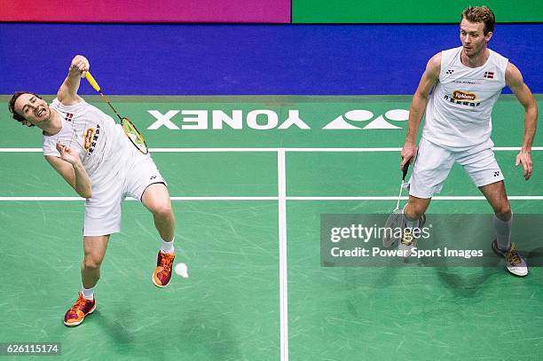 Mathias Boe and Carsten Mogensen of Denmark competes against Takeshi Kamura and Keigo Sonoda of Japan during their Men's Doubles Final of...