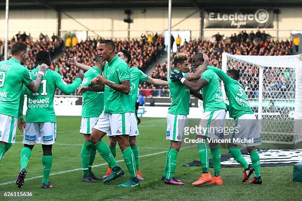 Florentin Pogba celebrates with teammates his goal during the French Ligue 1 match between Angers and Saint Etienne on November 27, 2016 in Angers,...