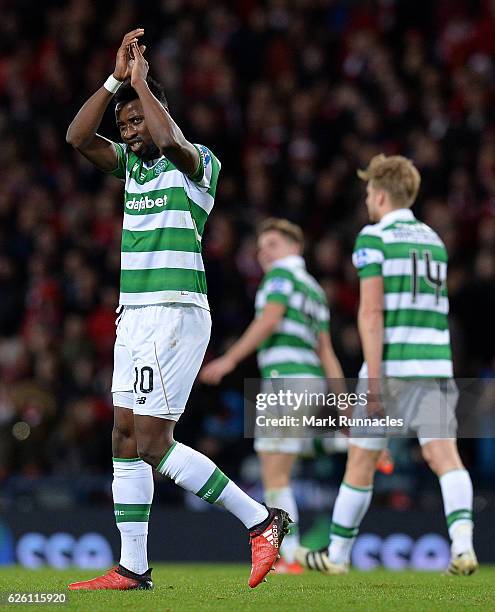 Moussa Dembele of Celtic celebrates after scoring Celtic's 3rd goal from the penalty spot during the Betfred Cup Final between Aberdeen FC and Celtic...