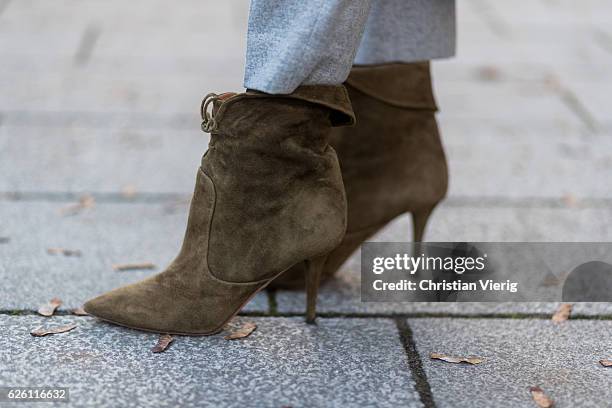 Sofia Grau wearing khaki heeled ankle boots shoes Aquazzura on November 27, 2016 in Berlin, Germany.