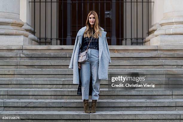 Sofia Grau wearing a grey Tommy Hilfiger wool coat, a black plaid Zara top, grey cropped pants COS, Chloe bag, khaki heeled ankle boots shoes...