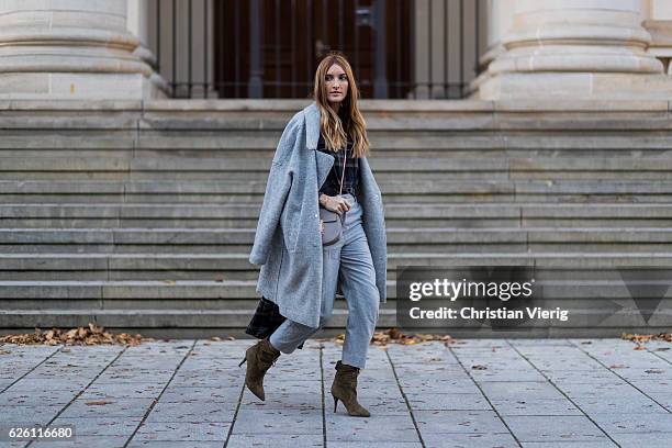 Sofia Grau wearing a grey Tommy Hilfiger wool coat, a black plaid Zara top, grey cropped pants COS, Chloe bag, khaki heeled ankle boots shoes...