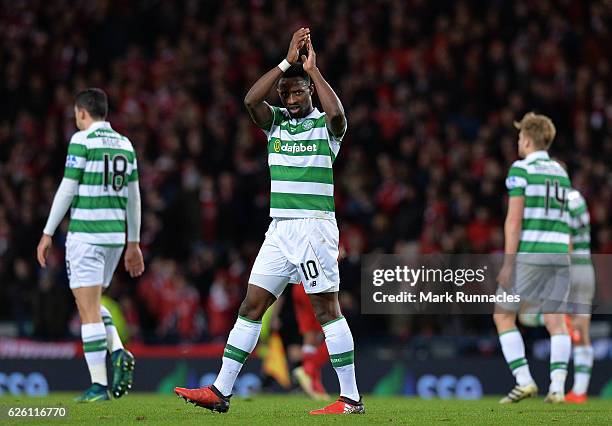Moussa Dembele of Celtic celebrates after scoring Celtic's 3rd goal from the penalty spot during the Betfred Cup Final between Aberdeen FC and Celtic...