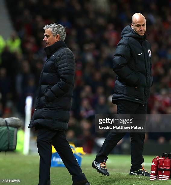 Manager Jose Mourinho of Manchester United is sent off after complaining to fourth official Anthony Taylor during the Premier League match between...