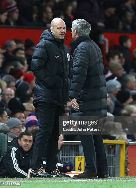 Manager Jose Mourinho of Manchester United complains to fourth official Anthony Taylor during the Premier League match between Manchester United and...