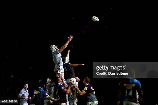 Dave Attwood of Bath jumps for the ball during a lineout in the Aviva Premiership match between Harlequins and Bath Rugby at Twickenham Stoop on...