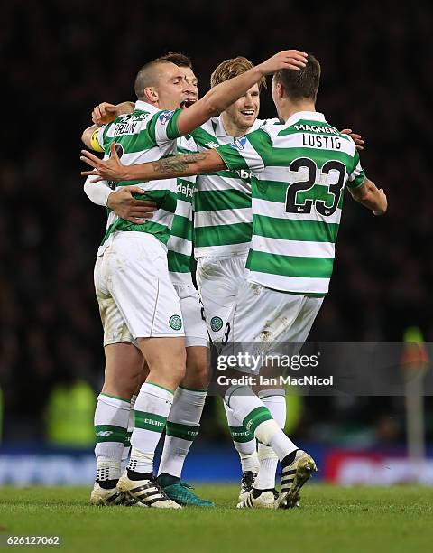 Scott Brown, Erik Sviatchenko, Stuart Armstrong and Mikael Lustig of Celtic celebrate during the Betfred Cup Final between Aberdeen and Celtic at...