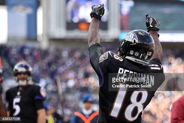 Wide receiver Breshad Perriman of the Baltimore Ravens celebrates after scoring a first quarter touchdown against the Cincinnati Bengals at M&T Bank...