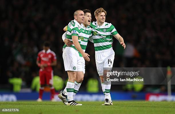 Scott Brown, Erik Sviatchenko and Stuart Armstrong of Celtic celebrate during the Betfred Cup Final between Aberdeen and Celtic at Hampden Park on...