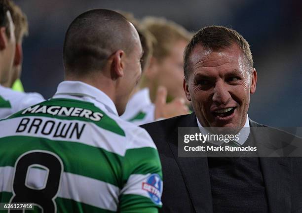 Celtic manager Brendan Rodgers celebrates with Celtic captain Scott Brown as Celtic win the Betfred Cup Final between Aberdeen FC and Celtic FC at...