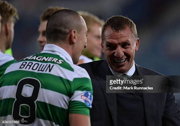 Celtic manager Brendan Rodgers celebrates with Celtic captain Scott Brown as Celtic win the Betfred Cup Final between Aberdeen FC and Celtic FC at...