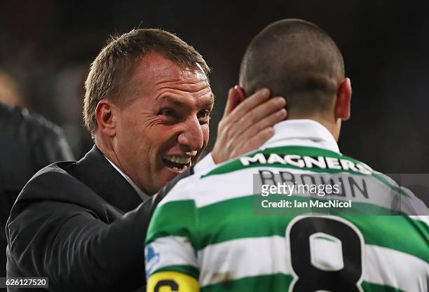 Celtic manager Brendan Rogers and Scott Brown of Celtic celebratesduring the Betfred Cup Final between Aberdeen and Celtic at Hampden Park on...