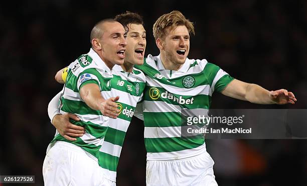 Scott Brown, Erik Sviatchenko and Stuart Armstrong of Celtic celebrate during the Betfred Cup Final between Aberdeen and Celtic at Hampden Park on...