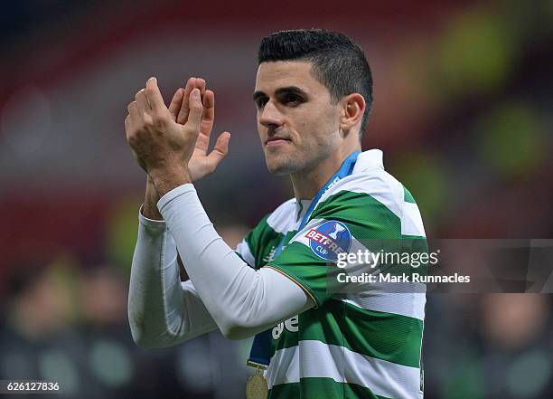 Tom Rogic of Celtic celebrates as Celtic win the Betfred Cup Final between Aberdeen FC and Celtic FC at Hampden Park on November 27, 2016 in Glasgow,...