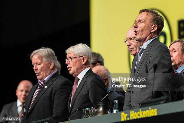 Hans-Joachim Watzke of Borussia Dortmund beim singen der Borussen Hymne looks on during at the Borussia Dortmund general meeting at the...