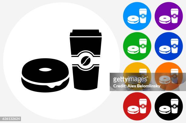 bagel and coffee icon on flat color circle buttons - red breakfast graphics stock illustrations