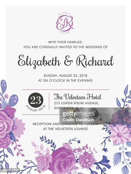 floral wedding invitation template - violet flower stock illustrations