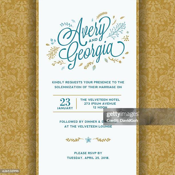 ilustraciones, imágenes clip art, dibujos animados e iconos de stock de plantilla de invitación de boda floral - classic blue