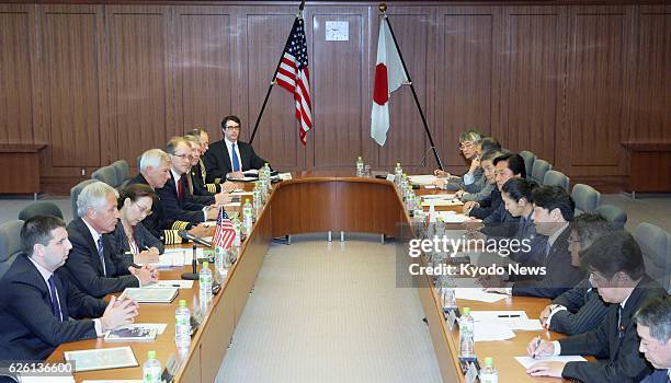 Japan - U.S. Defense Secretary Chuck Hagel and Japanese Defense Minister Itsunori Onodera meet at the Defense Ministry in Tokyo on Oct. 3, 2013....