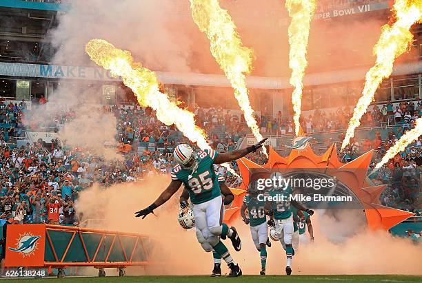 The Miami Dolphins takes the field during a game against the San Francisco 49ers on November 27, 2016 in Miami Gardens, Florida.