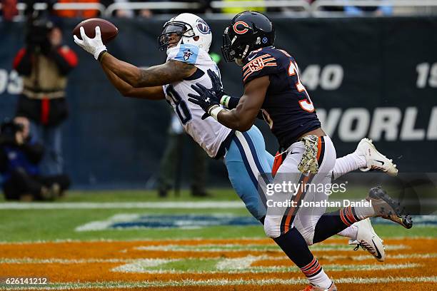 Rishard Matthews of the Tennessee Titans makes a touchdown against Adrian Amos of the Chicago Bears in the second quarter at Soldier Field on...