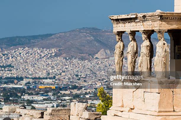 the porch of the caryatids in acropolis of athens - athens stock pictures, royalty-free photos & images