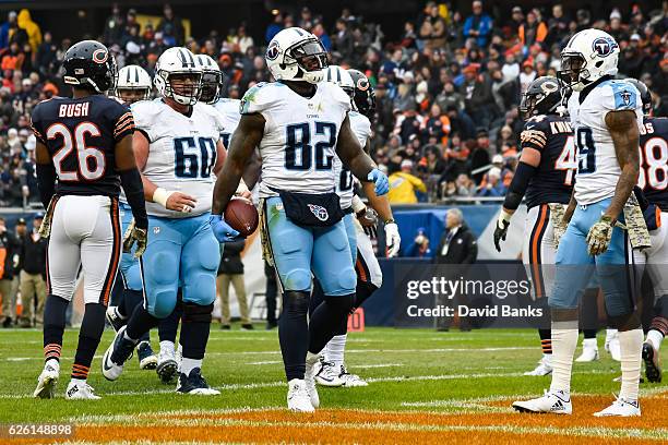 Delanie Walker of the Tennessee Titans celebrates after scoring in the second quarter against the Chicago Bears at Soldier Field on November 27, 2016...