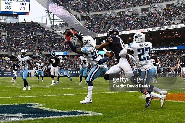 Da'Norris Searcy of the Tennessee Titans intercepts the football in the third quarter against the Chicago Bears at Soldier Field on November 27, 2016...