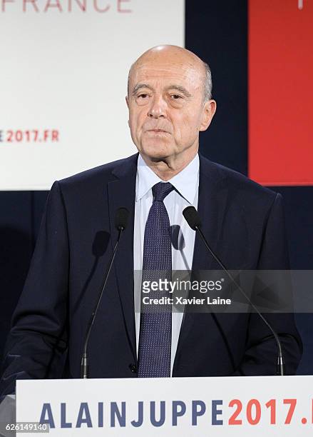 Alain Juppe looks disappointed after his defeat after the Right-Wing primary elections ahead of 2017 Presidential elections, as he speaks at his...