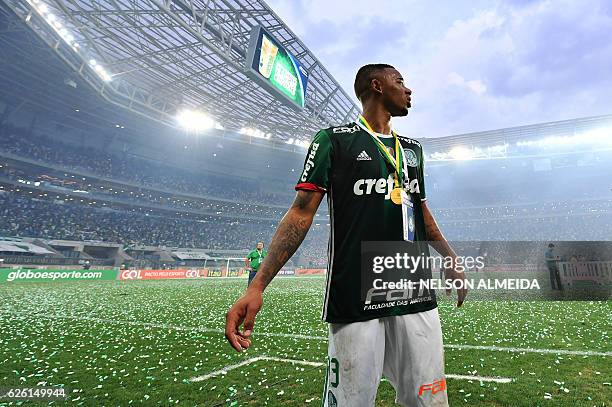 Palmeiras player Gabriel Jesus celebrates after his team won the Brazilian championship football final match against Chapecoense and became champion...