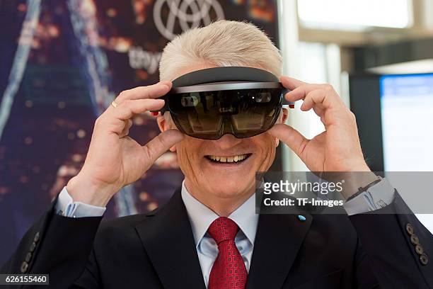 Heinrich Hiesinger, CEO of ThyssenKrupp AG with a 3D glasses, HoloLens from Microsoft on the ThyssenKrupp AG press conference on November 24, 2016 in...