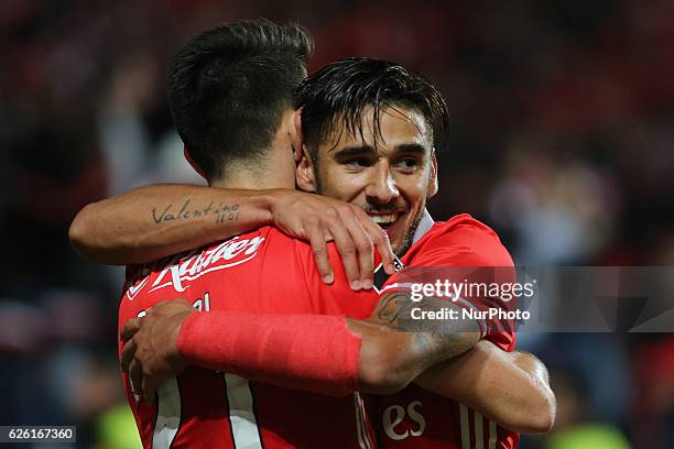 Benficas midfielder Pizzi from Portugal celebrating with Benficas forward Toto Salvio from Argentina after scoring a goal during Premier League...