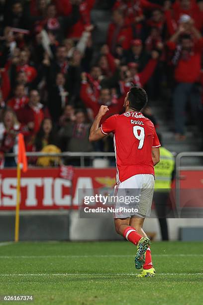 Benficas forward Raul Jimenez from Mexico celebrating after scoring a goal during Premier League 2016/17 match between SL Benfica and Moreirense FC,...