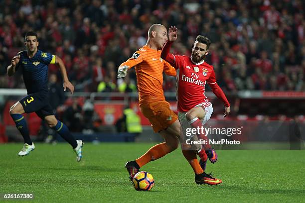 Moreirenses goalkeeper Giorgi Makaridze with Benficas forward Rafa Silva from Portugal during Premier League 2016/17 match between SL Benfica and...