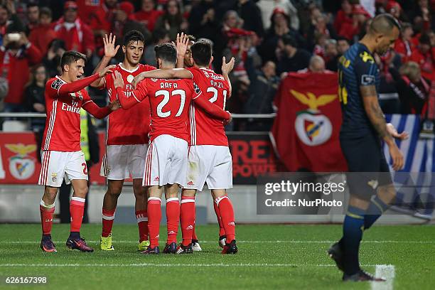 Benficas forward Raul Jimenez from Mexico celebrating with is team mate after scoring a goal during Premier League 2016/17 match between SL Benfica...