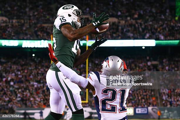 New York Jets wide receiver Brandon Marshall catches a touchdown over New England Patriots cornerback Malcolm Butler during the first quarter of the...