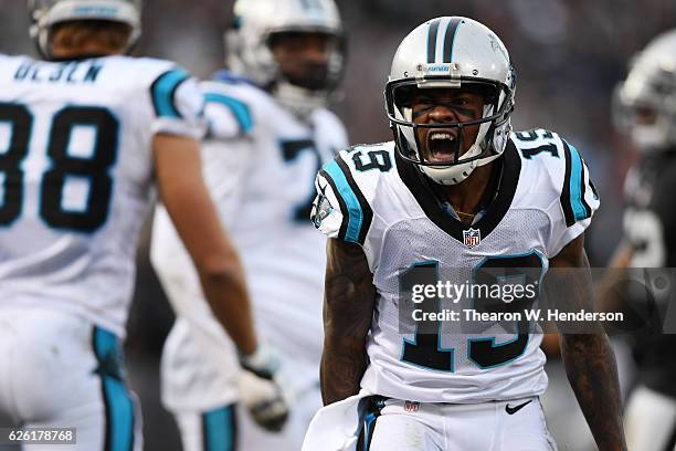 Ted Ginn of the Carolina Panthers reacts after a play against the Oakland Raiders during their NFL game on November 27, 2016 in Oakland, California.