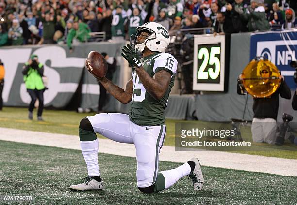 New York Jets Wide Receiver Brandon Marshall reacts to his touchdown during the NY Jets vs New England Patriots NFL football game on November 27,...