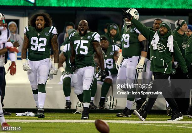 New York Jets Defensive End Leonard Williams and New York Jets Defensive End Anthony Johnson react to New York Jets Wide Receiver Quincy Enunwa catch...