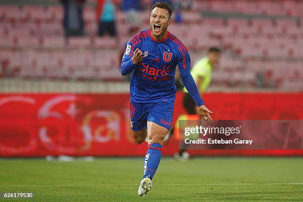 Gaston Fernandez of U de Chile celebrates after scoring the first goal during a match between U de Chile and Audax Italiano as a part of round 13 of...