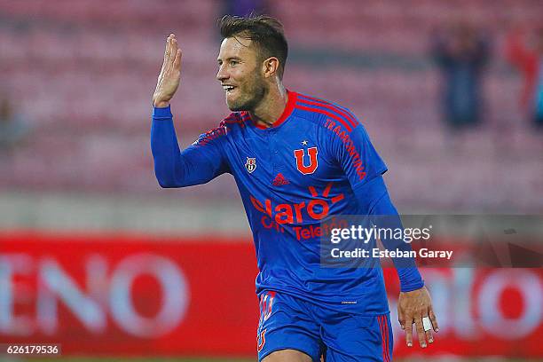 Gaston Fernandez of U de Chile celebrates after scoring the first goal during a match between U de Chile and Audax Italiano as a part of round 13 of...