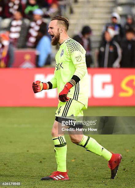 Stefan Frei of Seattle Sounders reacts to a 1-0 victory over the Colorado Rapids to win the MLS Western Conference at Dick's Sporting Goods Park on...