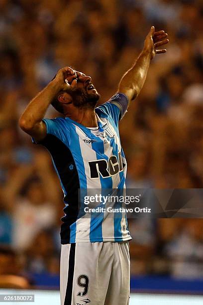 Lisandro Lopez of Racing Club celebrates after scoring the third goal of his team during a match between Racing Club and Independiente as part of...